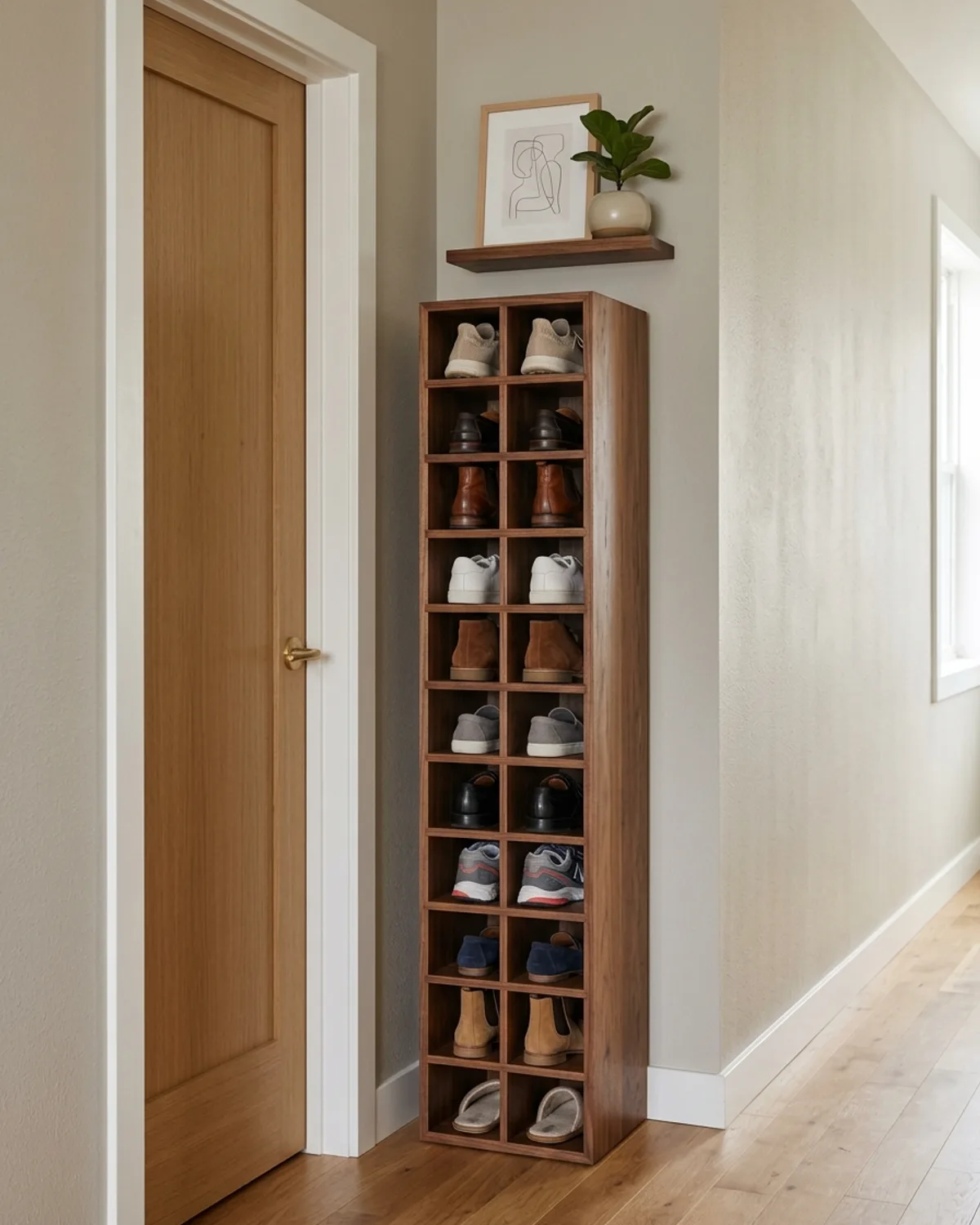Tall vertical walnut wooden cubby shoe rack tucked into a narrow 14-inch entryway corner