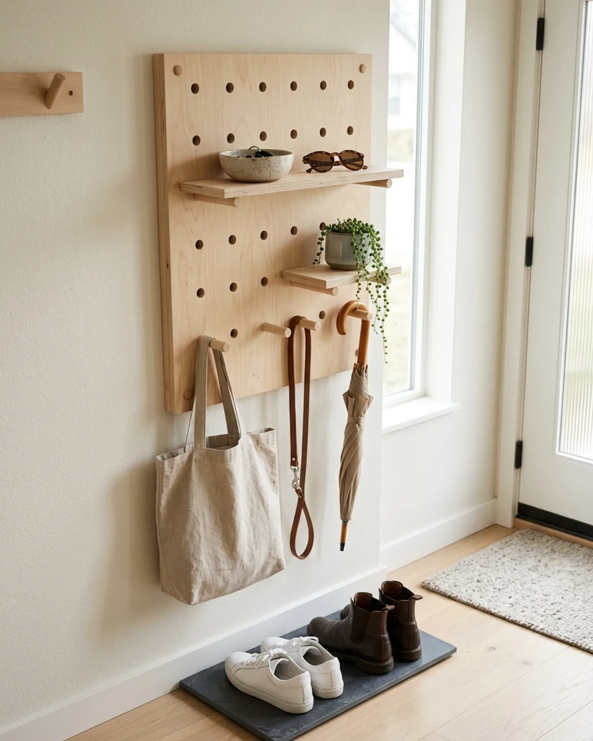 Modular birch pegboard wall organizer system with dowel shelves and hooks for small space entryway organization