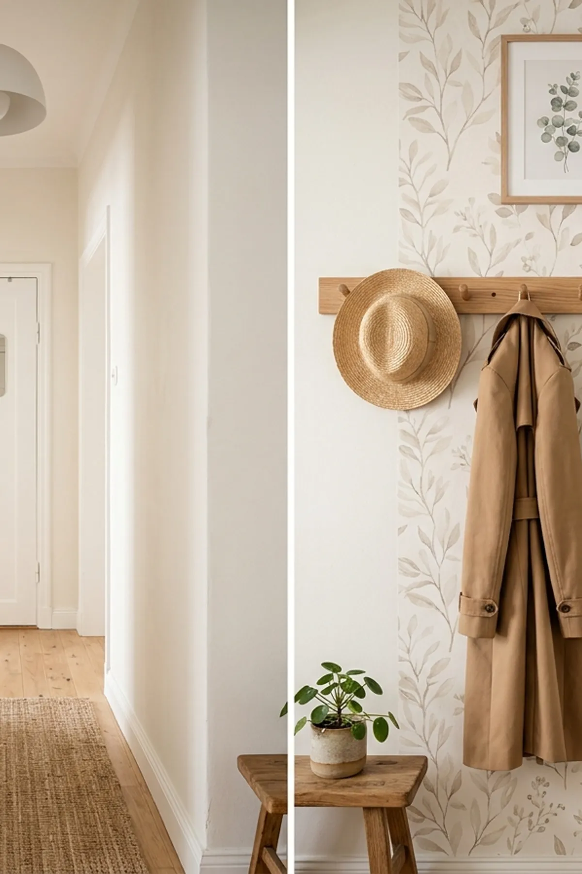 Wooden shaker peg rail mounted high on a narrow entryway wall holding a trench coat and canvas tote bag