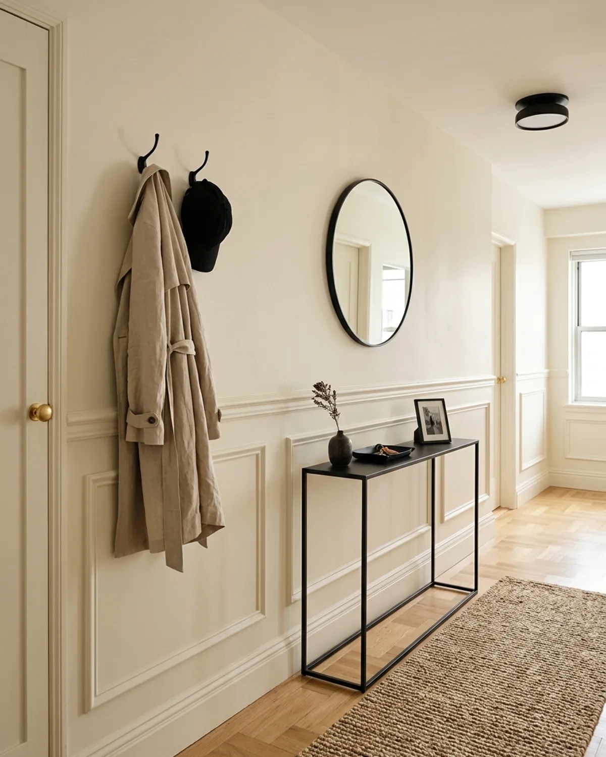 Subtle lower box-panel wall molding painted warm alabaster in refined small entrance hall ideas