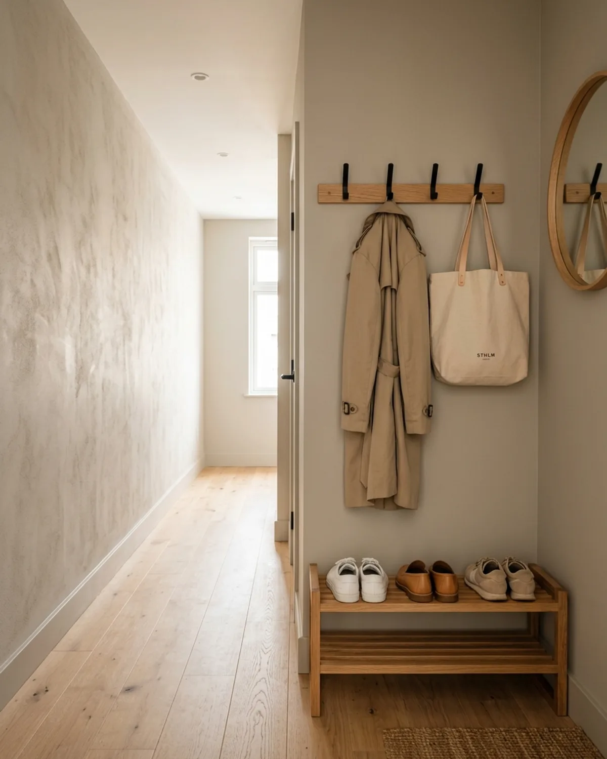 Coordinated oak wooden shoe rack paired with a matching wall-mounted coat hook rail in a compact entryway