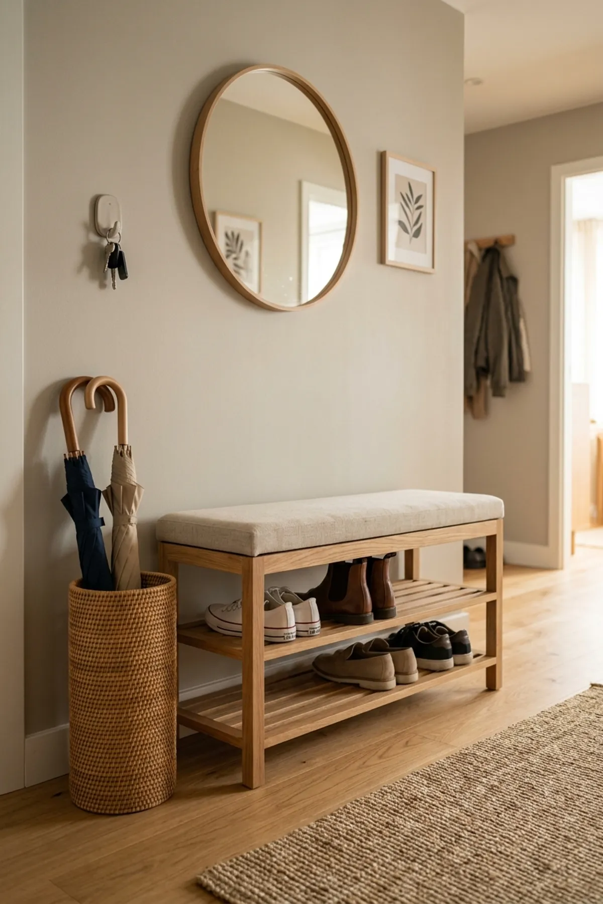 Medium-oak wooden bench shoe rack with a tailored linen seat cushion and two lower slatted shoe shelves