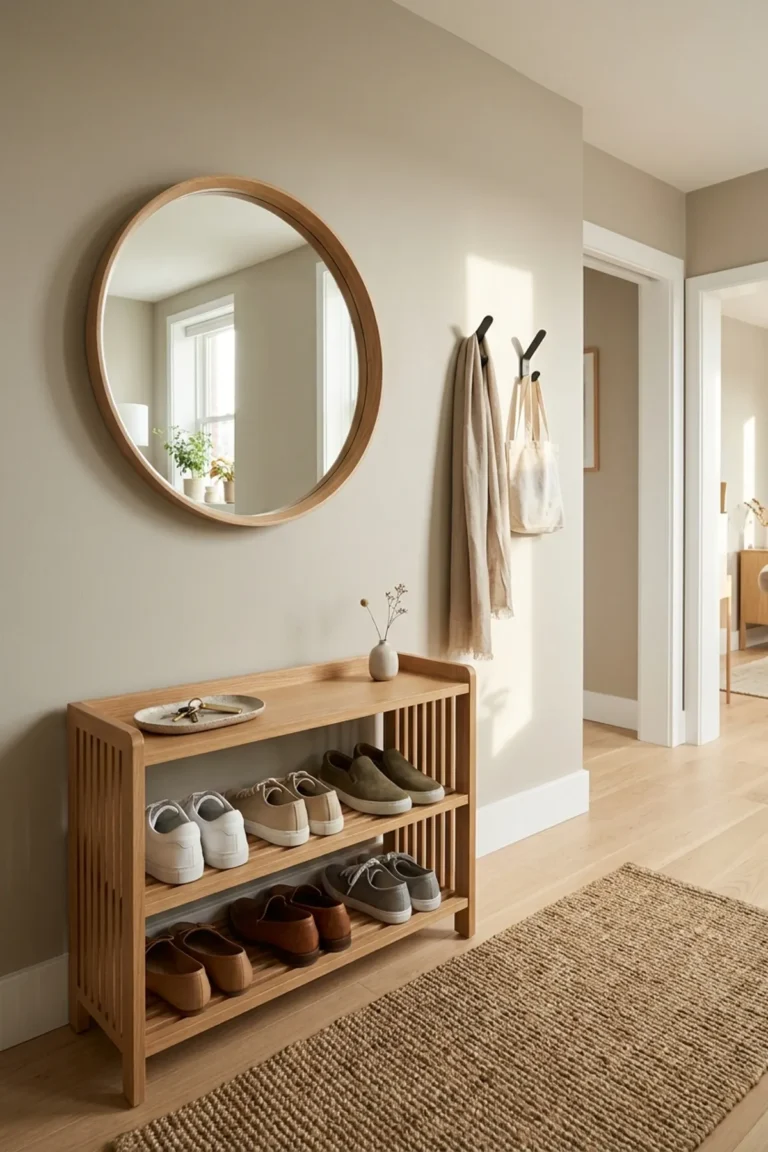 Wooden Shoe Rack Ideas: 19 Warm, Space-Saving Ways to Organize Your Entryway 8 Warm apartment entryway featuring a two-tier medium oak wooden shoe rack with neatly organized everyday shoes, a round mirror, wall hooks, and a neutral runner rug