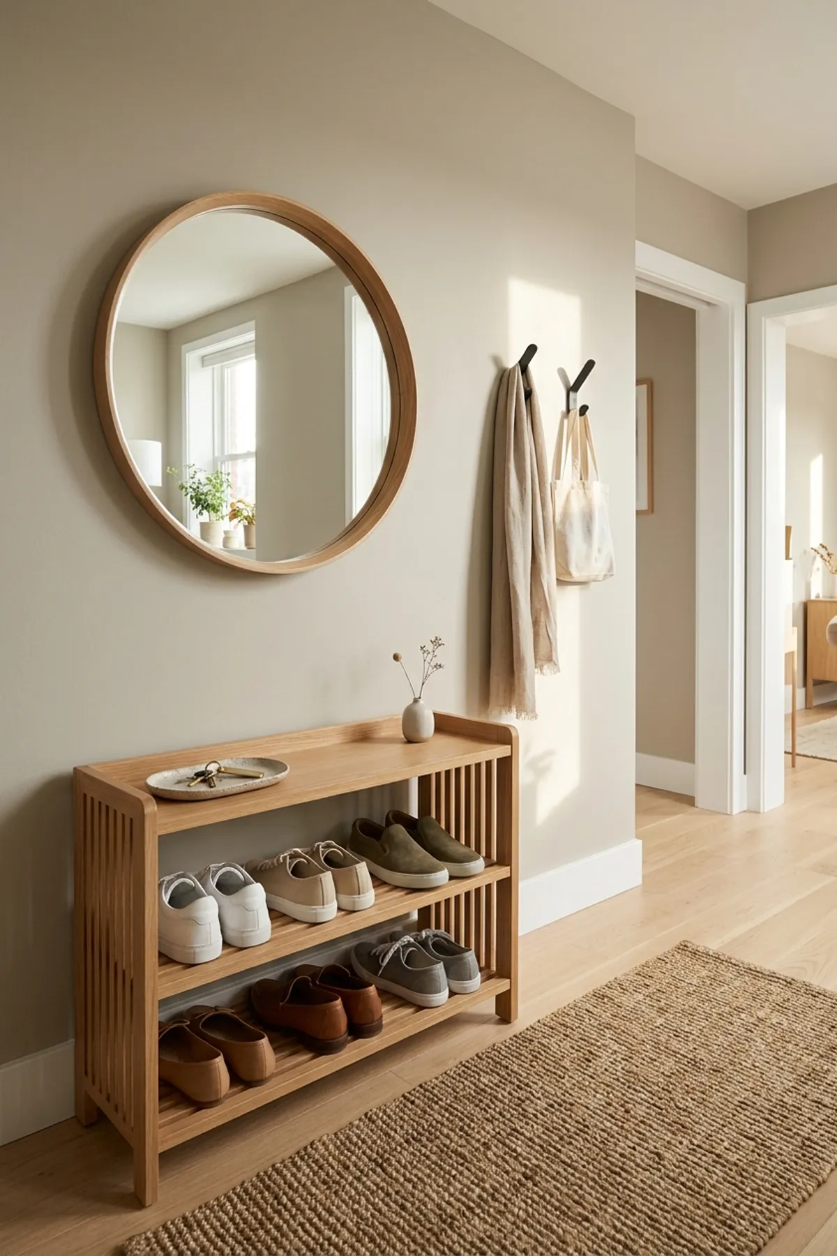 Warm apartment entryway featuring a two-tier medium oak wooden shoe rack with neatly organized everyday shoes, a round mirror, wall hooks, and a neutral runner rug