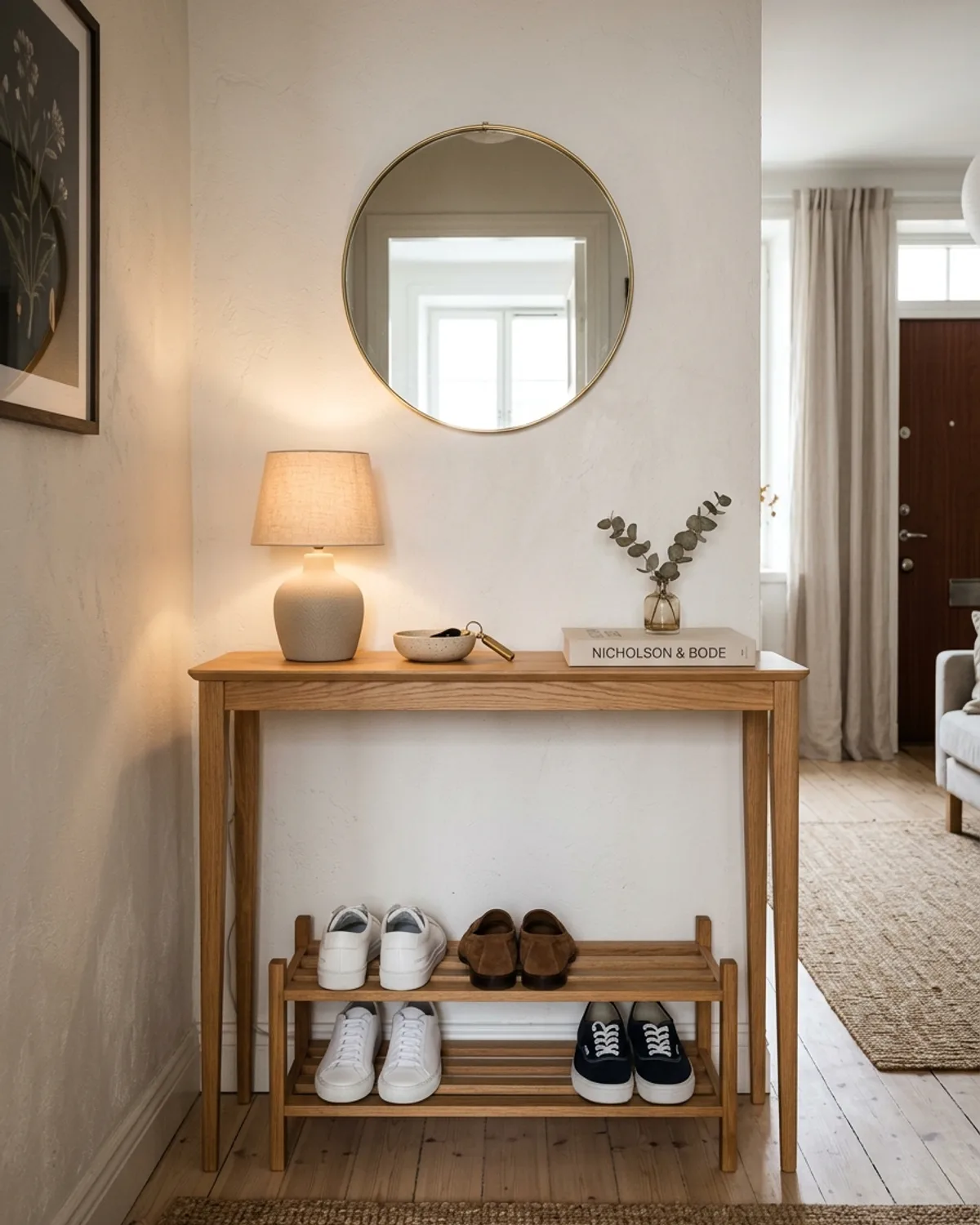 Low slatted oak shoe rack neatly tucked underneath a slim entryway console table